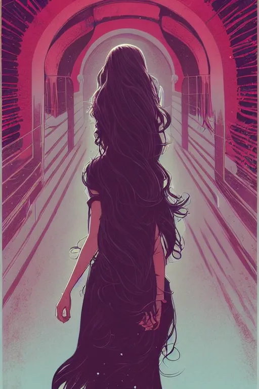 Image similar to concept art design illustration, teen girl walking away alone street flowing hair, sad, fantasy book cover, young adult book cover style, illustration!!, 4 colors, logo, ink drawing, art by jc leyendecker and sachin teng