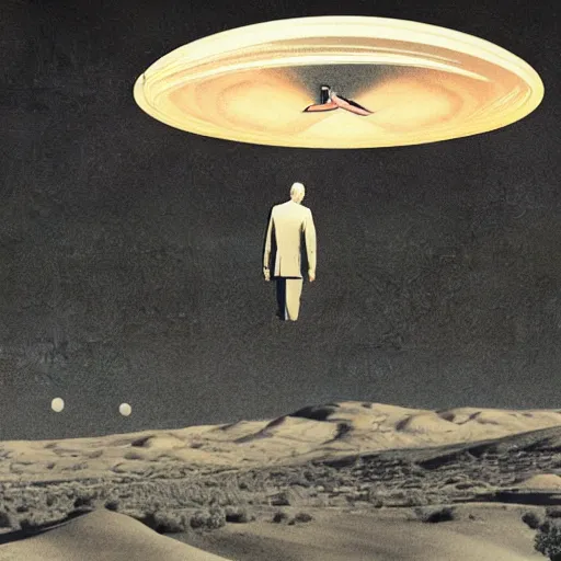 Image similar to president eisenhower going to ufo in the desert, concept art