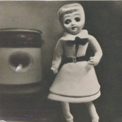 Image similar to 1 9 5 0 s, creepy dolls jumping towards viewer, horror, lost photograph, final photo found, forgotten, polaroid,