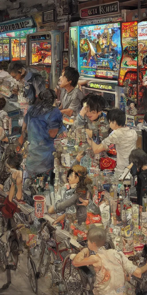 Image similar to oil painting scene from amusement arcade by kim jung gi