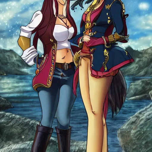 Image similar to a scene of two beautiful female pirate captains standing face to face, detailed anime art