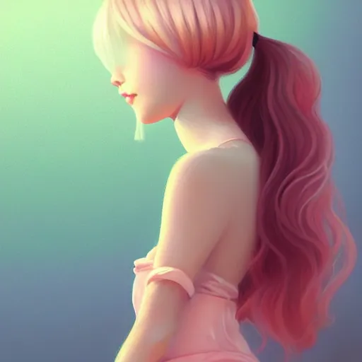 Image similar to young girl in summer dress art, pastel light pink long hair, muted colors, matte print, pastel colors, ornate, digital art, digital painting, fan art, elegant, artstation, head is centered, by Ilya Kuvshinov