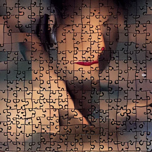 Image similar to A surreal painting of a puzzle of a beautiful woman on a desert beach with scattered puzzle pieces by Salvador Dali, dark vibes, high contrast, cinematic, depth of field