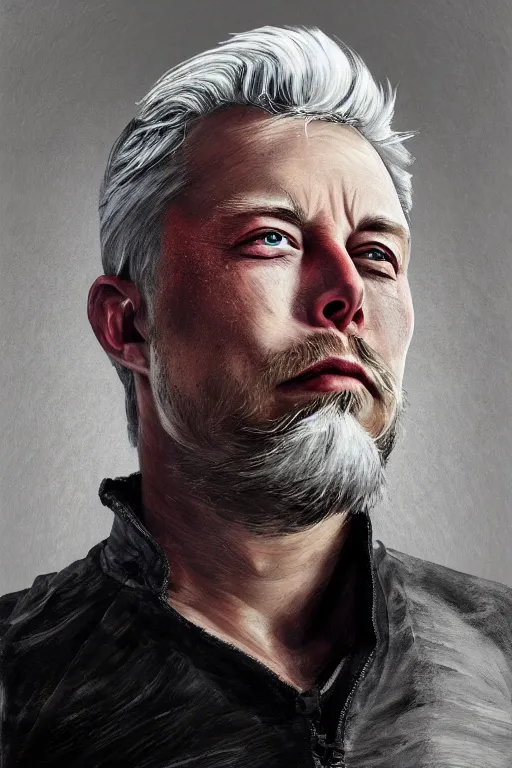 Prompt: painted portrait of rugged elon musk, asymmetrical, god of thunder, greek god, white hair, masculine, mature, handsome, upper body, muscular, hairy torso, fantasy, intricate, elegant, highly detailed, digital painting, artstation, concept art, smooth, sharp focus, illustration, art by steven zabata