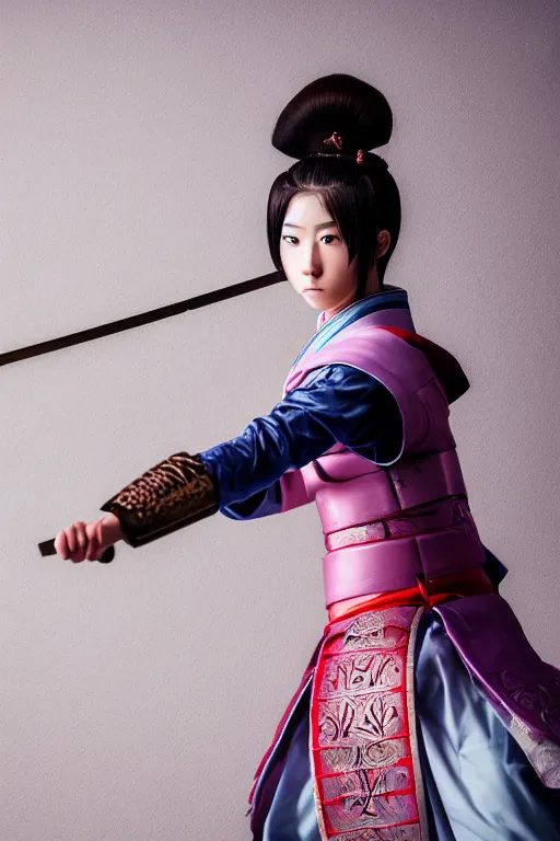 Image similar to highly detailed beautiful photo of a young female samurai, practising sword stances, symmetrical face, beautiful eyes, realistic anime art style, 8 k, award winning photo, pastels, action photography, 1 / 1 2 5 shutter speed, dramatic lighting