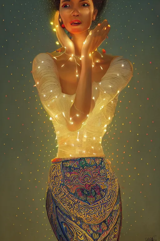 Image similar to portrait of cuban woman with skirt made out of bananas, dancing, intricate, elegant, glowing lights, highly detailed, digital painting, artstation, sharp focus, illustration, art by wlop, mars ravelo and greg rutkowski