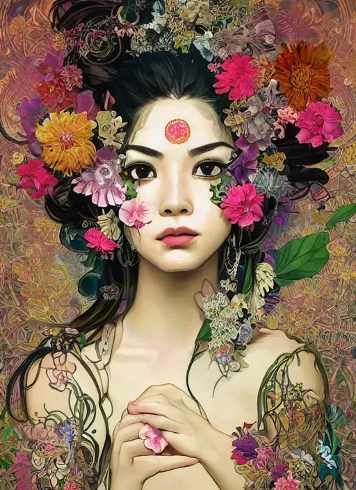 Image similar to !!! very coherent!!! oil painting, beautiful floralpunk balinese cyborg portrait girl female illustration detailed patterns art of bali traditional dress, flower pop art, floral splash painting, art by ashley wood, alphonse mucha, makoto shinkai, geof darrow, dark shadow