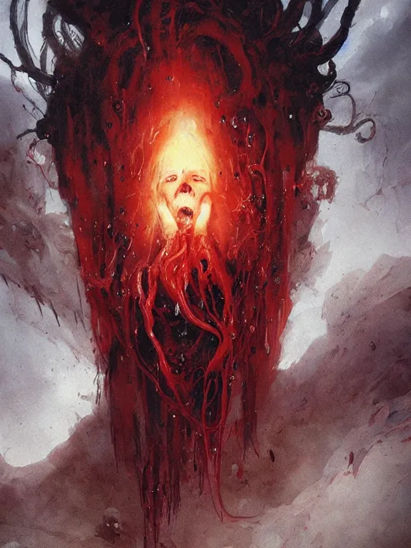 Image similar to painting by greg rutkowski of a flying sorrowful looking human head with tears running down it's eyes, face that is chalk white in color, with long sprawling white tentacles stemming down it's neck, fiery scorching red eyes, flying in a terrying hellish dark cavernous place