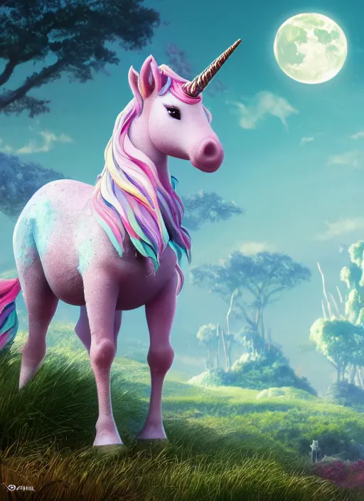 Image similar to unicorn on a lunarpunk biome, au naturel, hyper detailed, digital art, trending in artstation, cinematic lighting, studio quality, smooth render, unreal engine 5 rendered, octane rendered, art style by pixar dreamworks warner bros disney riot games and arcane.