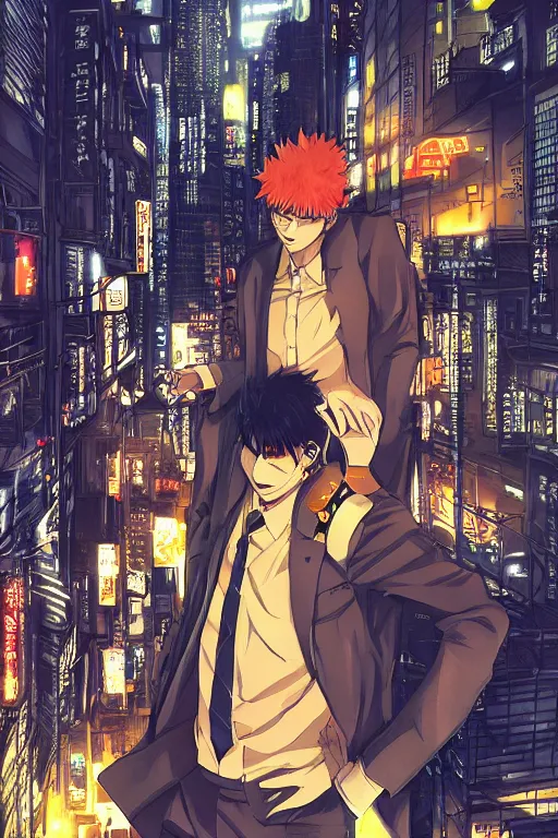 Prompt: manga cover, orange-headed businessman, intricate cyberpunk city, emotional lighting, character illustration by tatsuki fujimoto, chainsaw man, fire punch