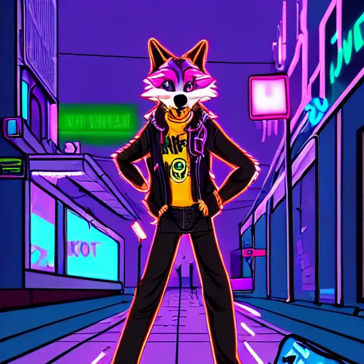 Image similar to beautiful furry art portrait commission of a androgynous furry anthro wolf fursona both wearing punk clothes in the streets of a cyberpunk city. neon signs.