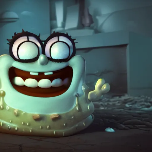 Prompt: ominous mrs puff (spongebob) staring into your soul with realistic, slimy, scary, ambient lighting, rendered in blender, horror, gloomy, dark, terrifying, terror, frightful, super detailed octane render,