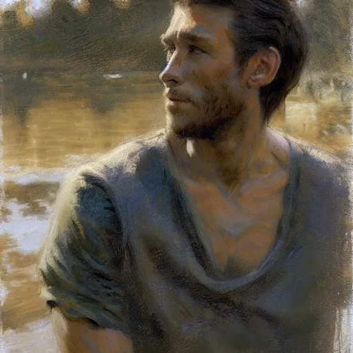 Image similar to young man by the river, muscular, detailed face, correct face, painting by Gaston Bussiere, Craig Mullins