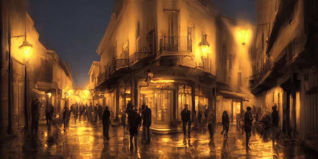 Image similar to cadiz street at night, crowded, 8K, trending on artstation, golden ratio, rule of thirds, low key, establishing shot, extremely high detail, concept art