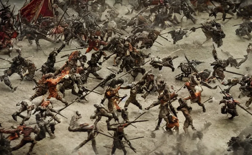 Prompt: An insane battle scene but the camera is too blurry to make out what is going on