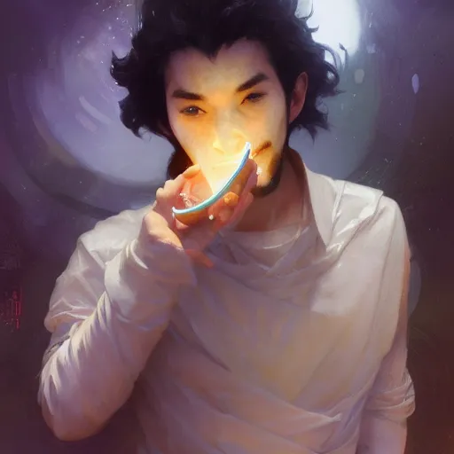 Image similar to A man drinking a cup of cosmic energy bright light, illustration by Ruan Jia and Mandy Jurgens and William-Adolphe Bouguereau, Artgerm, 4k, digital art, surreal, anime style, space dandy style, highly detailed, godsend, artstation, digital painting, concept art, smooth, sharp focus, illustration by Ruan Jia and Mandy Jurgens and William-Adolphe Bouguereau, Artgerm