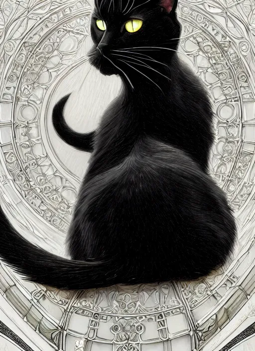 Image similar to black cat with white spots taking shelter from rain, fantasy, intricate, elegant, hyper detailed, ultra definition, photoreal, artstation, unreal engine rendered, concept art, smooth, sharp focus, illustration, art by artgerm and greg rutkowski and alphonse mucha and garis edelweiss