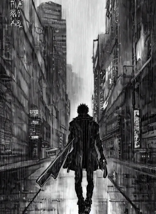 Image similar to Noi from Dorohedoro standing on the street, anime, rain, fog, artstation, trending on Yoji Shinkawa style