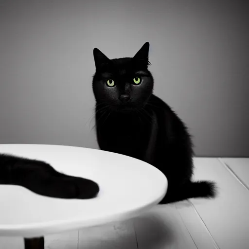 Image similar to studio photograph of a black cat sitting on a white table