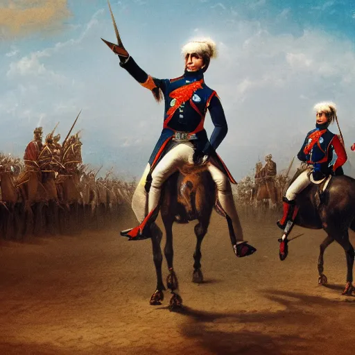 Image similar to selfi stick of napoleon riding his horse in front of his army, highly detailed, photorealistic, trending on artstation, 4 k, 8 k