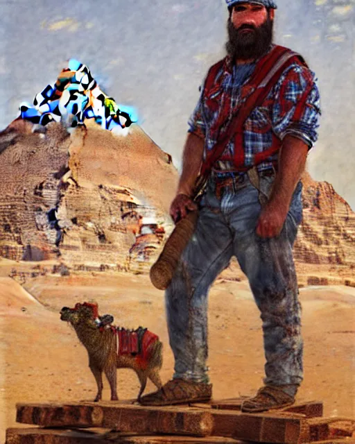 Prompt: detailed painting of an american lumberjack in front of the gizeh pyramids of egypt, greg rutkowski, magali villeneuve and monet