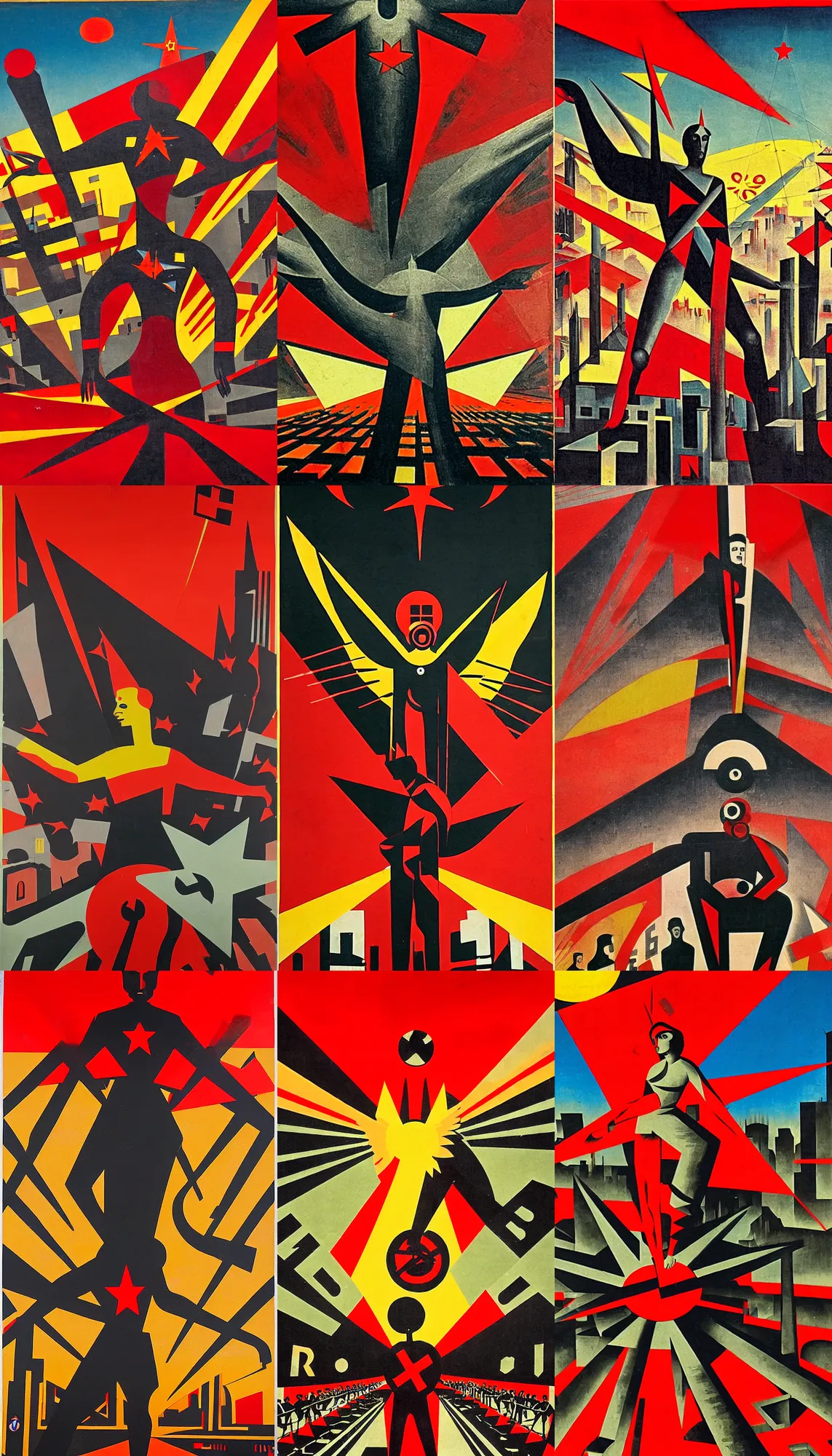 Prompt: totalitarian socialist angel, futurism bright idealistic sunburst style, anarcho - communist heaven, red and black flags, modernist factories in background, art by max ernst, cnt spanish civil war era propaganda, extremely detailed, 4 k