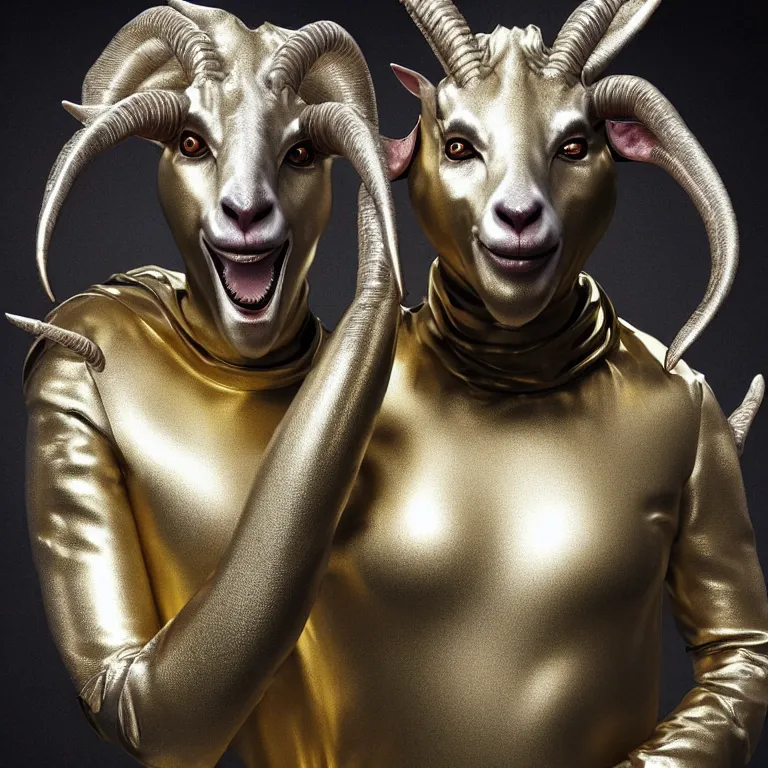 Image similar to octane render portrait by national geographic and wayne barlow and carlo crivelli and glenn fabry, a goat - headed evil demon wearing a tight iridescent silver latex suit, covered in liquid gold, cinema 4 d, ray traced lighting, very short depth of field, bokeh