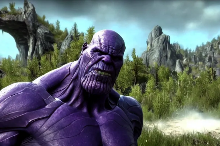 Prompt: Thanos as a Skyrim character gameplay video screenshot.