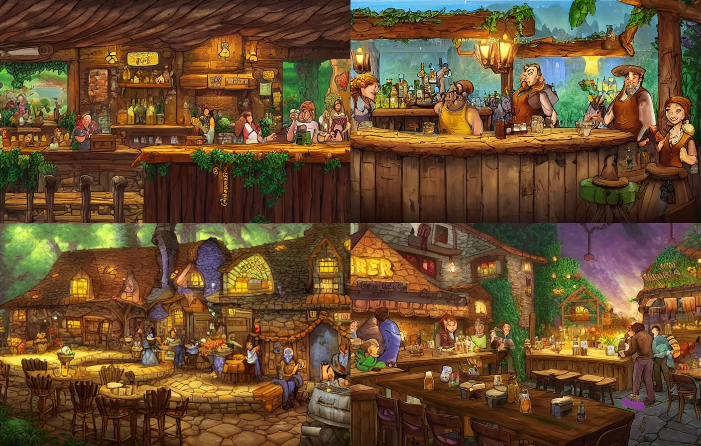 Prompt: a crowded rustic honey themed bar ran by bees and filled with bee patrons sitting at tables drinking nectar from mugs, from a fantasy point and click 2 d graphic adventure game, art inspired by thomas kinkade, king's quest, sierra entertainment games