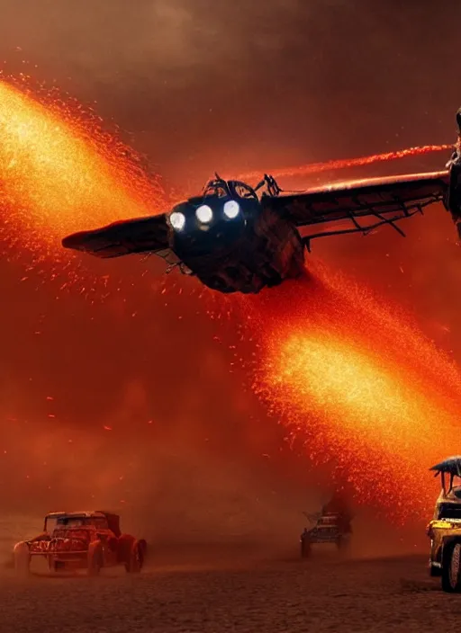 Prompt: george miller, movie shot, x wings over a black icelandic beach with explosions of red and blue and yellow and green and orange powder, crowd of spectators in stadium, day, aerial, mad max fury road, 8k render