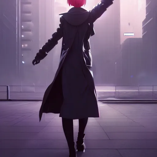 Image similar to realistic render of a cyborg - girl wearing a long trench coat by ross draws, futuristic dystopian city by ilya kuvshinov, digital anime art by ross tran, composition by sana takeda, lighting by greg rutkowski