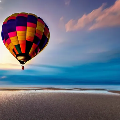 Image similar to a hot air balloon floats over a beach at violet sunset, whimsical art style