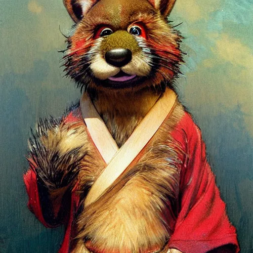 Prompt: a portrait of a furry hamato yoshi splinter wearing a red kimono, hairy, furry body, furry arms, feet, tail. highly detailed painting by gaston bussiere, craig mullins, j. c. leyendecker, furry