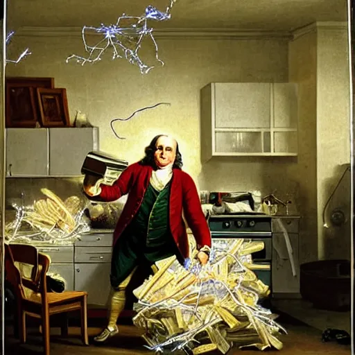 Image similar to benjamin franklin angrily throwing a string of led lights in the trash in a modern kitchen by rockwell