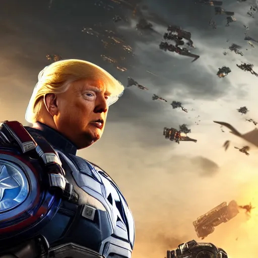 Prompt: portrait of donald trump as captain america in gears of war, splash art, movie still, cinematic lighting, dramatic, glowing, ray tracing, octane render, long lens, shallow depth of field, bokeh, anamorphic lens flare, 8 k, hyper detailed, 3 5 mm film grain