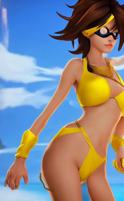 Prompt: tracer game character, in yellow bikini, swimsuit model, very beautiful, full height