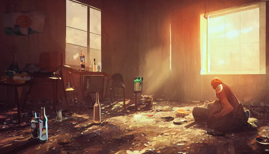 Prompt: homeless man drinking beers in an old abandoned motel, heat wave, sunlight through broken windows, curtains on the dusty floor, bottles, hyperdetailed, artstation, cgsociety, 8 k