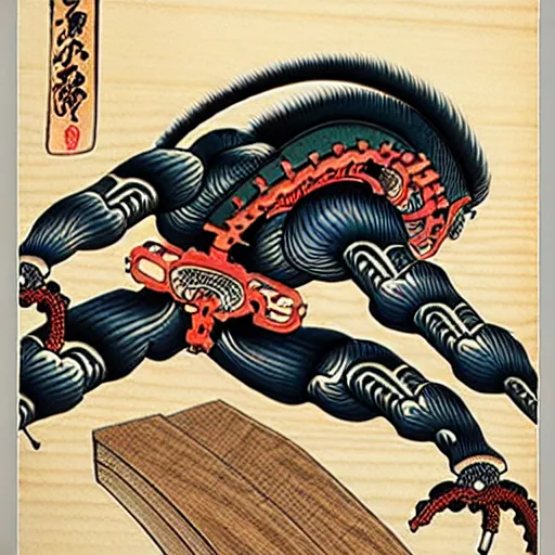 Image similar to biomechanical ukiyo - e woodblock, very detailed, hyperrealistic