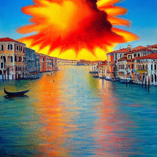 Prompt: an oil painting of a nuclear explosion in venice