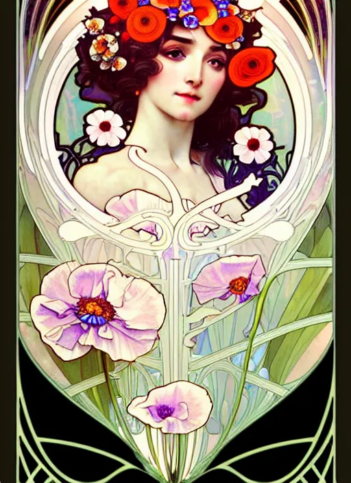 Prompt: poppy flowers, rococo and art nouveau fusion, iridescent diaphanous refractive and reflective flower bouquet, tarot card, highly detailed, deep focus, elegant, digital painting, smooth, sharp focus, illustration, ultra realistic, 8 k, art by artgerm and alphonse mucha