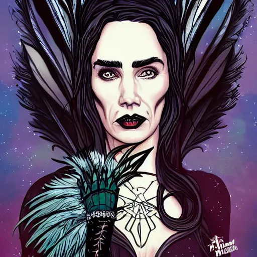 Image similar to Jennifer Connelly as dark fae gothic atompunk evil Disney villain queen with black feather hair, feathers growing out of skin, shedding feathers, in front of space station window, Mike mignola, trending on artstation, comic book cover, illustration