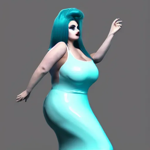 Image similar to curvy feminine hot goth cutie in a sublime elegant polished white latex neck-high gown with cyan trim and latex leggings, thin waist, cgsociety, photorealistic, comfy ambience, idealistic, 16k, smooth, sharp focus, trending on ArtStation, volumetric lighting, fully clothed, worksafe