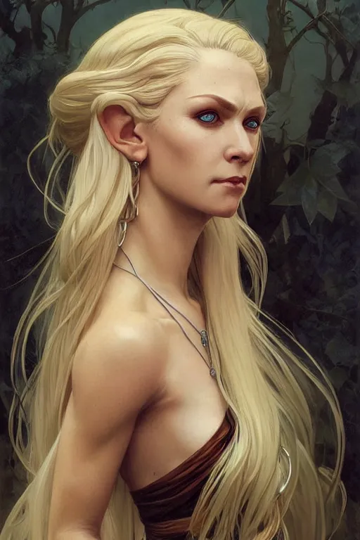 Image similar to portrait of an old blonde elven mage, dark, piercing eyes, gentle expression, elegant clothing, photorealistic, highly detailed, artstation, smooth, sharp focus, art by michael whelan, artgerm, greg rutkowski and alphonse mucha