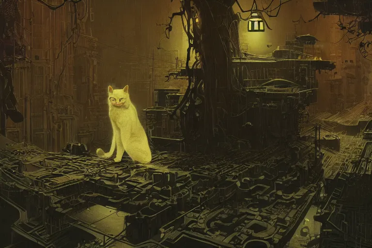 Image similar to A cat in the matrix, moody scene, highly detailed, intricate, sharp details, dystopian mood, by Victo ngai, David Rubín, Mike Mignola, Laurie Greasley, gaston bussiere, craig mullins, somber lighting, drawn by Giacomo Burattini, inspired by graphic novel cover art, 8k by RHADS