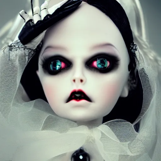 Prompt: lovely realistic robotic ball jointed high end vampire doll with fashion and cute accessories, inside gothic doll manor bedroom, god rays, dust particles, photorealistic, aesthetic shot, worms eye view, macro camera lens, high definition, thematic, cinematic, lens flare