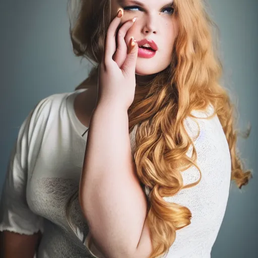 Image similar to brooke ashling, a curvy, radiant, bubbly, 2 5 - year - old canadian plus - size model, long strawberry - blond hair, creamy skin, portrait, 8 5 mm canon f 1. 2 lens