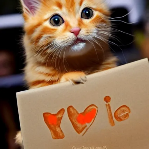 Image similar to cute fluffy orange tabby kitten with a sign that says