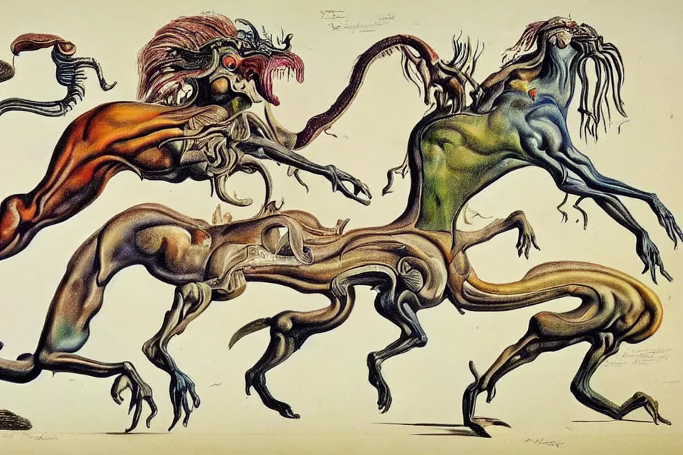 Prompt: Vintage, detailed, colored sketch of mythical creature anatomy, full body, with full descriptions,Salvador Dali .