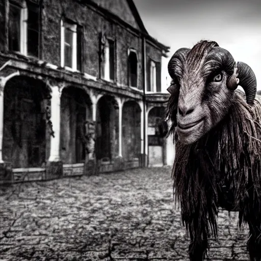 Image similar to horror, moody, still from film, daytime, muddy village square, wide shot, screeching mutant goat monster, powerful, with a mouth crammed full of filthy jagged teeth, matted brown fur, in muddy medieval village square