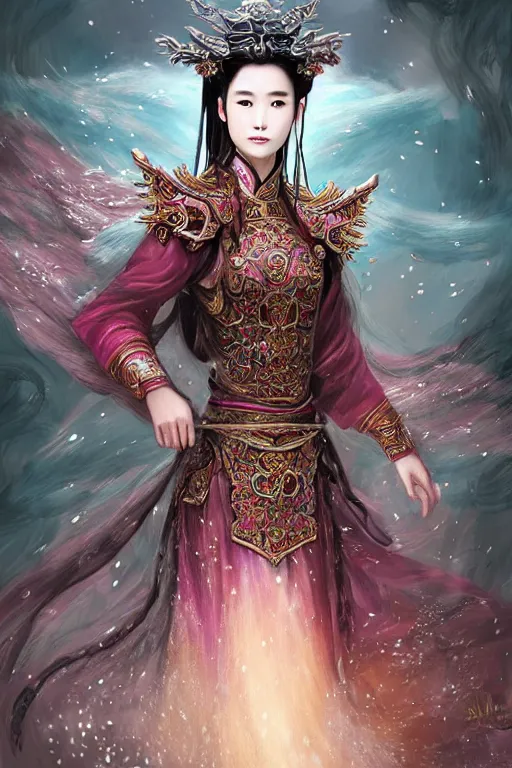 Prompt: beautiful ancient fantasy portrait of wuxia armored heroine, Liu Yifei, Zhao Lu Si wearing like Xian Xia wardrobe, in forbidden City, hybrid from Dynasty Warriror, flowers sea rainning everywhere, intricate, very very beautiful, elegant, highly detailed, digital painting, beautiful glowing galaxy eyes, artstation, fantasy concept art, smooth, sharp focus, illustration, art by alphonse mucha and WLOP and tian zi